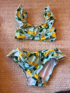 Janie and Jack Lemon Print Ruffle Bikini - Yellow & Green on Light Blue